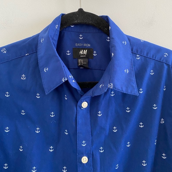 H&M Nautical Anchor Blue& White Men's Button Down Shirt Size Medium - Picture 2 of 5
